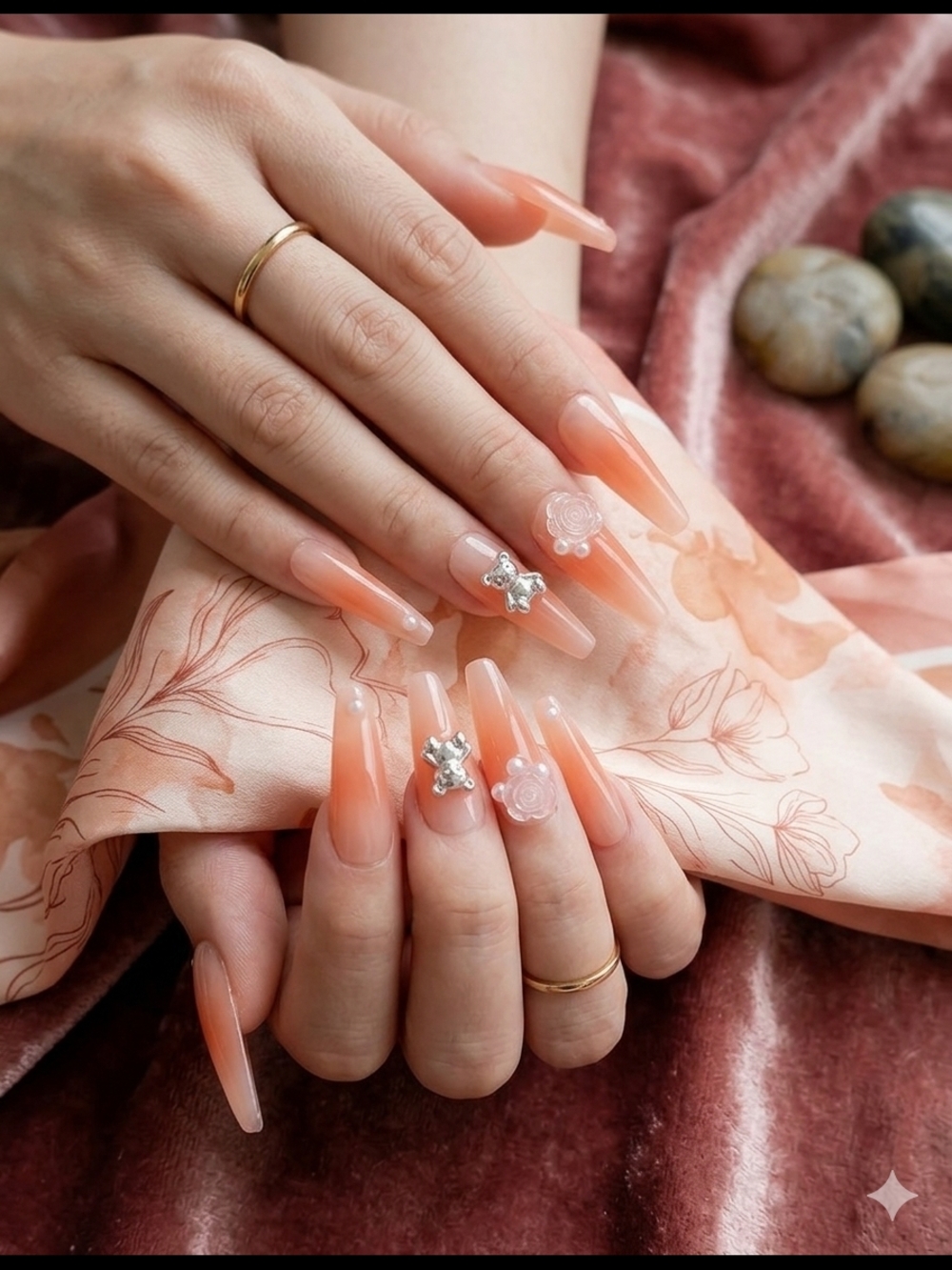 Peach Ombre Acrylic Nails Set with 3D Flower and Charm Accents-Small